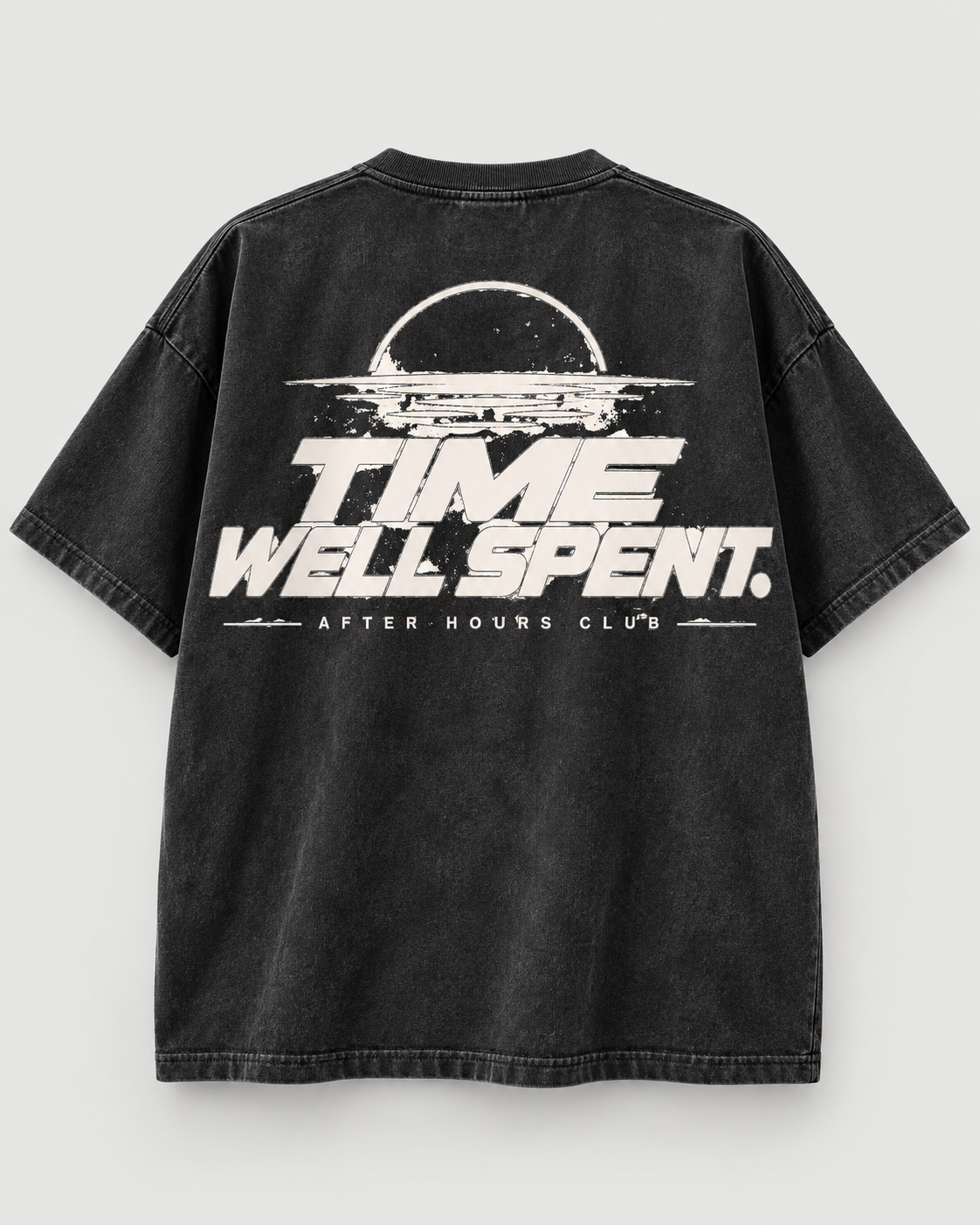 T-Shirt in Washed Black mit weißem Time well spent. Print, Rückenansicht